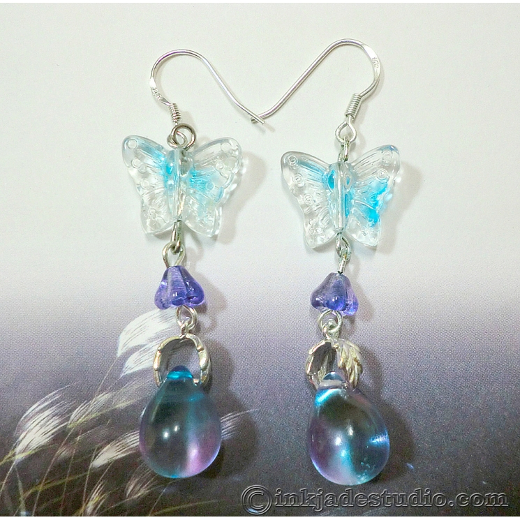 Blue Butterfly and Bicolor Czech Glass Silver Earrings