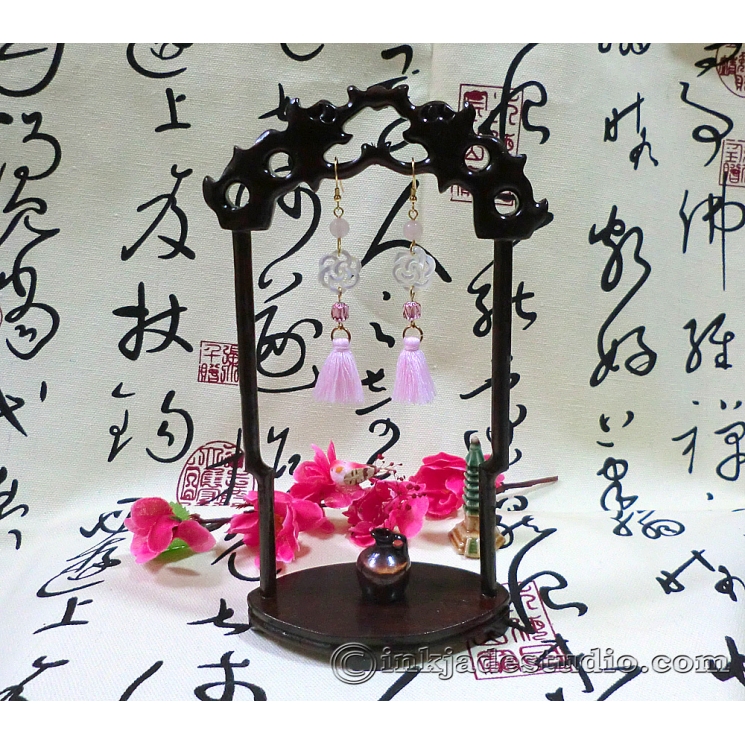 Carved Chinese Lucky Flower Knot Shell Earrings with Pink Tassels