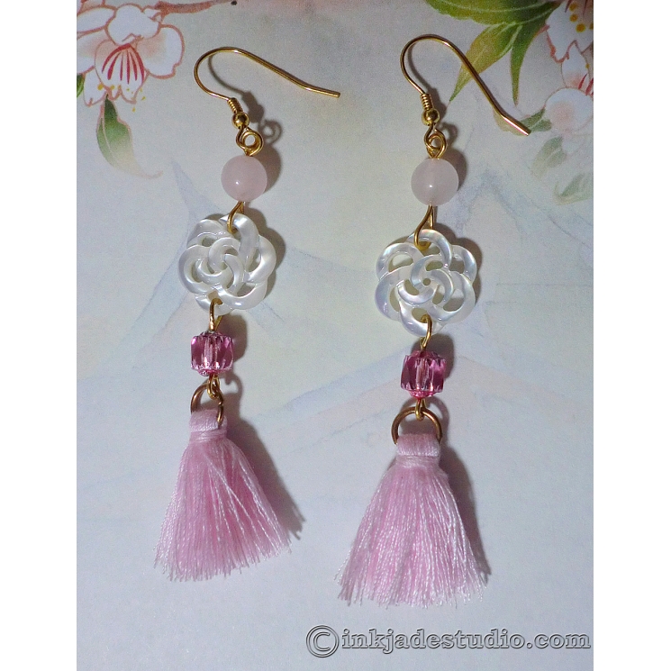 Carved Chinese Lucky Flower Knot Shell Earrings with Pink Tassels