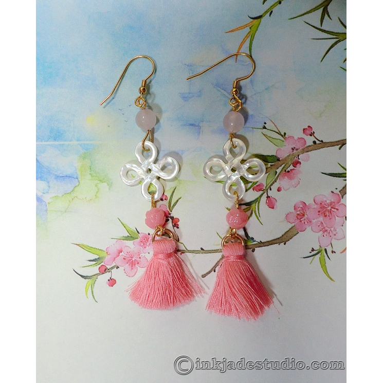 Carved Chinese Knot Shell Earrings with Lotus Beads and Tassels