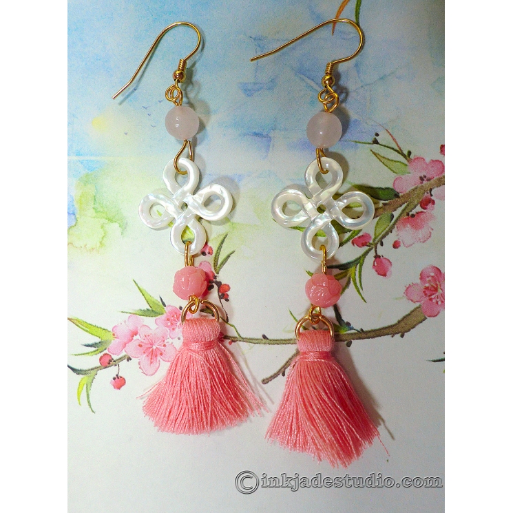 Carved Chinese Knot Shell Earrings with Lotus Beads and Tassels