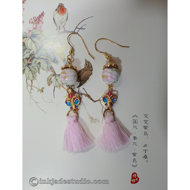 Chinese Porcelain Bead Earrings with Cloisonne Butterflies and Tassels