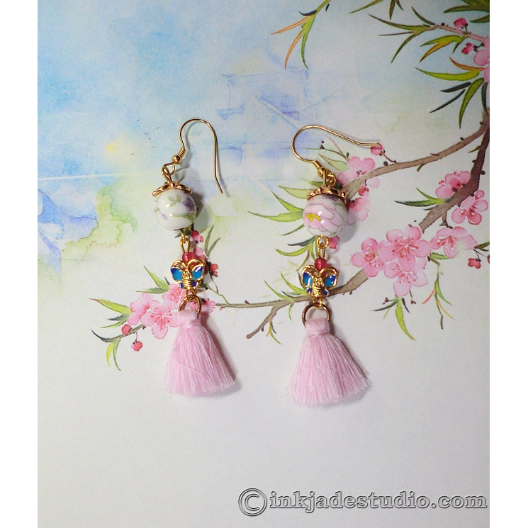 Chinese Porcelain Bead Earrings with Cloisonne Butterflies and Tassels