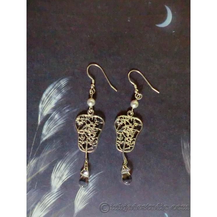 Chinese Silver Filigree Carved Fan Earrings