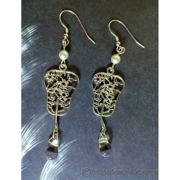 Chinese Silver Filigree Carved Fan Earrings