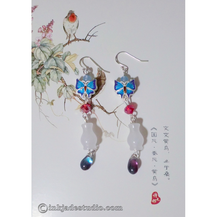 Chinese White Jade Vase Silver Earrings with  Cloisonne Butterflies