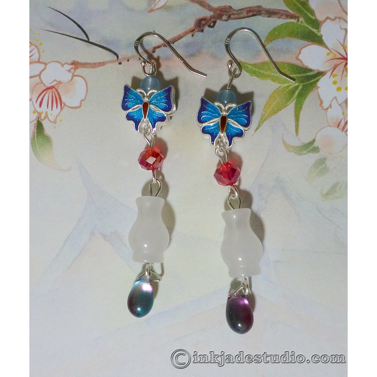 Chinese White Jade Vase Silver Earrings with  Cloisonne Butterflies