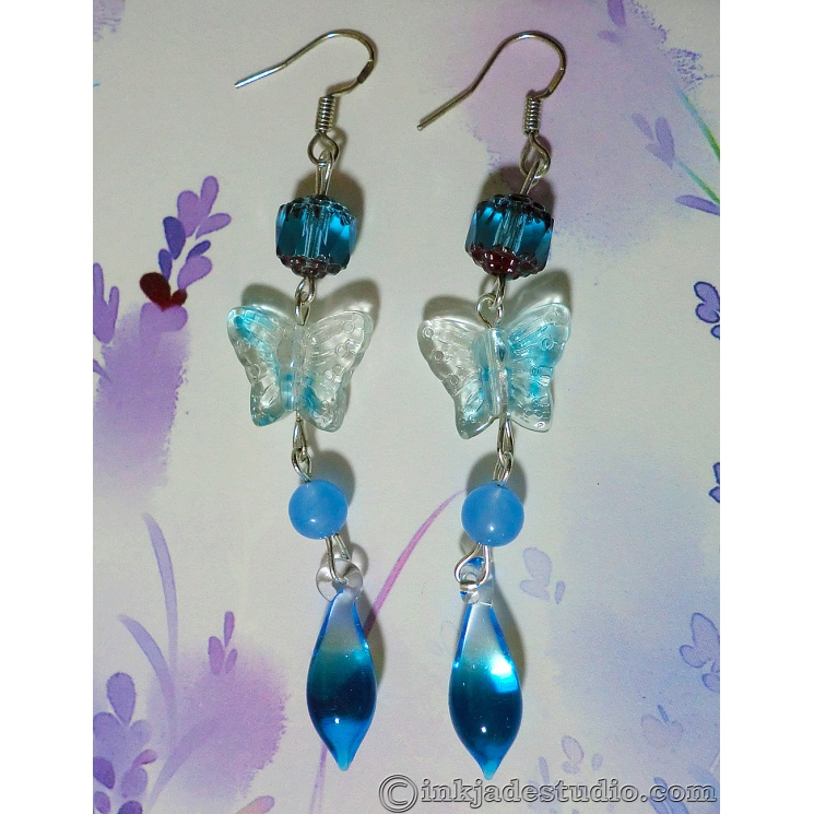 Blue Glass Butterfly Earrings with Gradient Teardrops