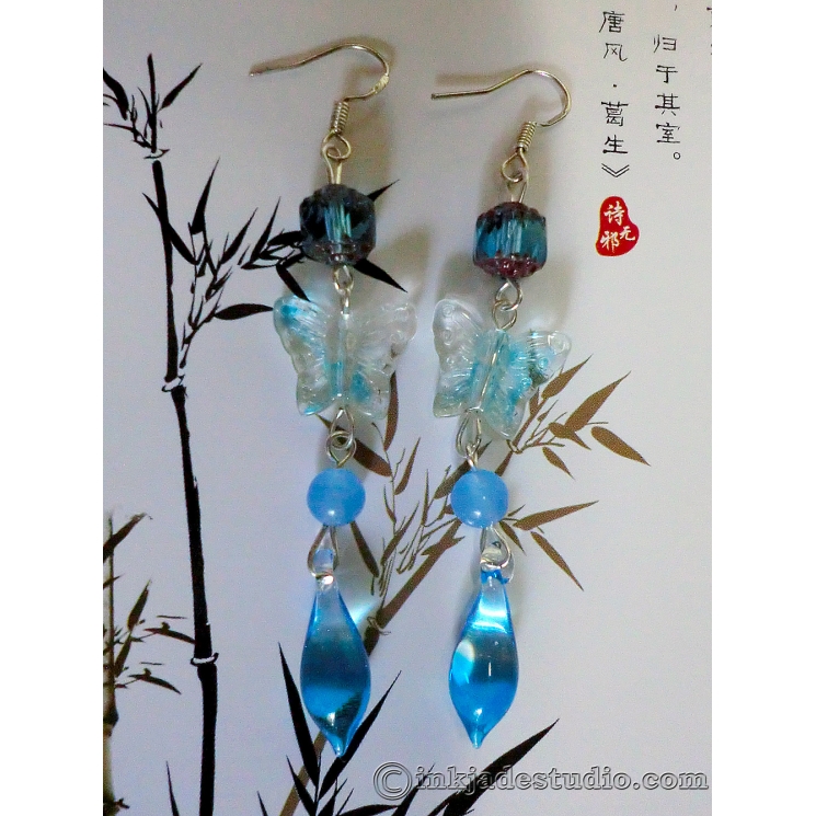 Blue Glass Butterfly Earrings with Gradient Teardrops