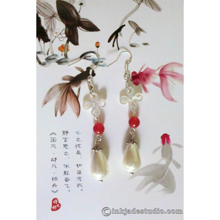 Carved Chinese Knot Shell Earrings with Red Agate and Pearl Drops