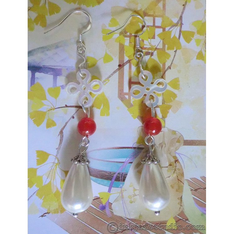 Carved Chinese Knot Shell Earrings with Red Agate and Pearl Drops