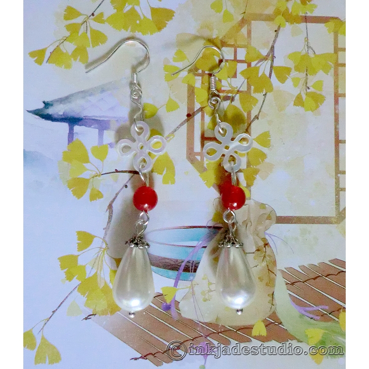 Carved Chinese Knot Shell Earrings with Red Agate and Pearl Drops