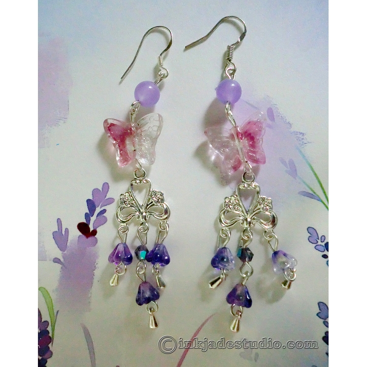 Purple Quartzite and Glass Morning Glories Silver Chandelier Earrings