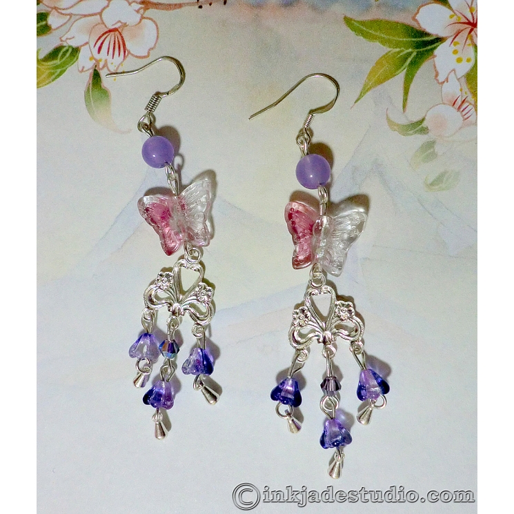Purple Quartzite and Glass Morning Glories Silver Chandelier Earrings