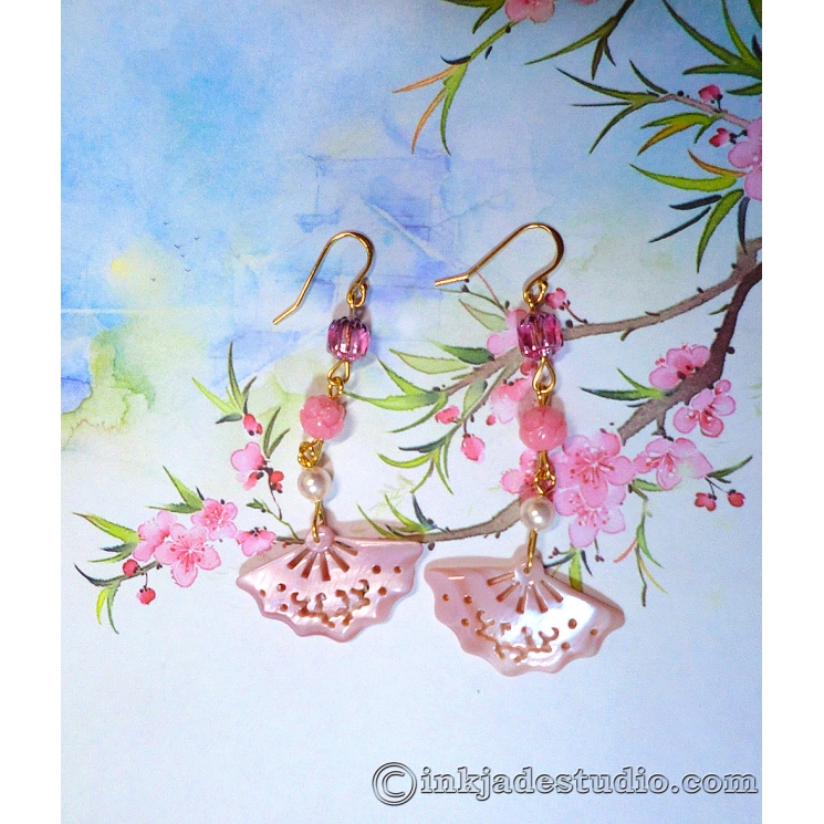 Pink Carved and Pierced Mother of Pearl Shell Fan Earrings