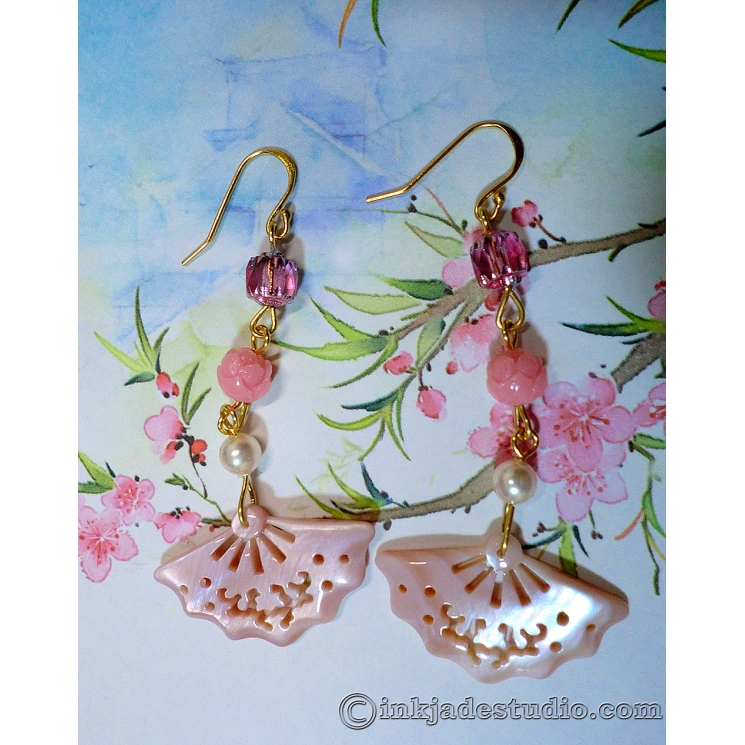 Pink Carved and Pierced Mother of Pearl Shell Fan Earrings