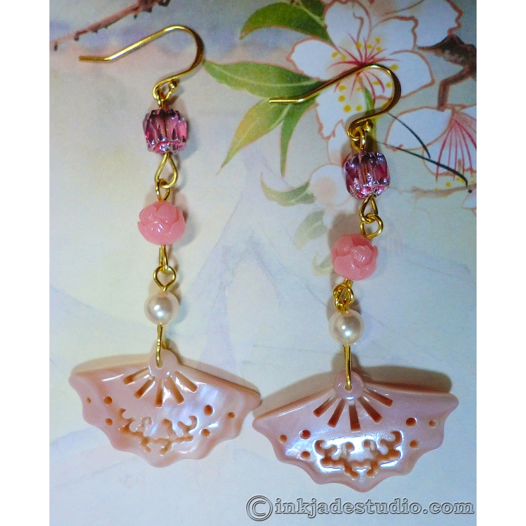 Pink Carved and Pierced Mother of Pearl Shell Fan Earrings