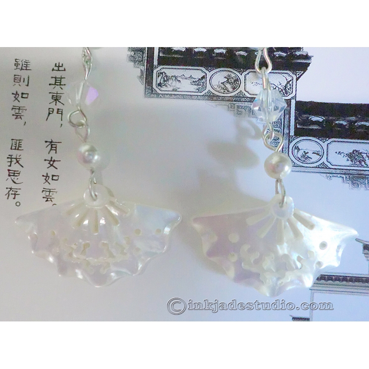 White Carved and Pierced Mother of Pearl Shell Fan Earrings