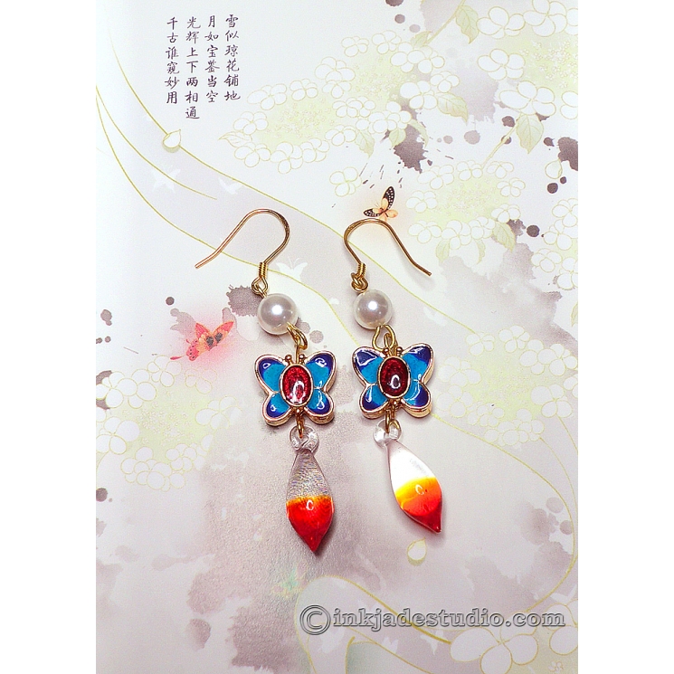 Chinese Cloisonne Butterfly Earrings with Pearls and Gradient Red Glass Drops