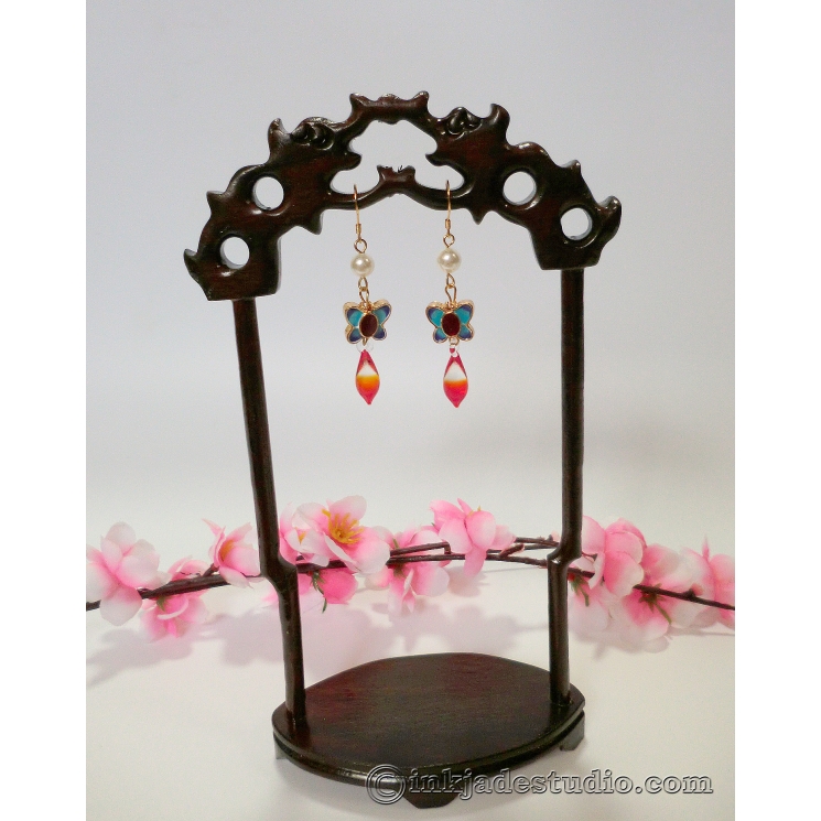Chinese Cloisonne Butterfly Earrings with Pearls and Gradient Red Glass Drops