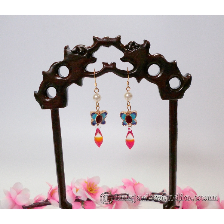 Chinese Cloisonne Butterfly Earrings with Pearls and Gradient Red Glass Drops
