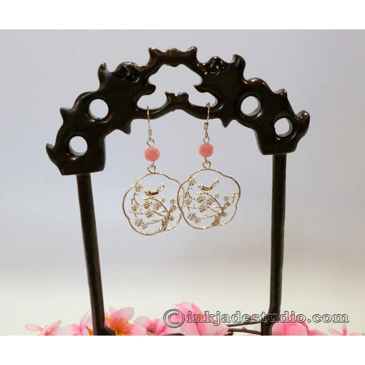 Chinese Bird on Plum Branch Silver Filigree Earrings