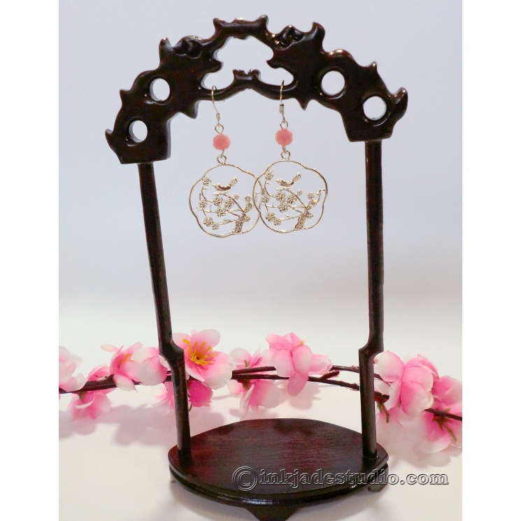 Chinese Bird on Plum Branch Silver Filigree Earrings