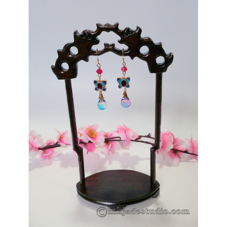 Chinese Cloisonne Butterfly Earrings with Czech Bicolor Glass Drops