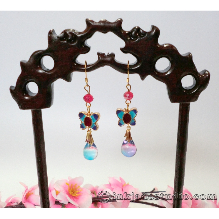 Chinese Cloisonne Butterfly Earrings with Czech Bicolor Glass Drops