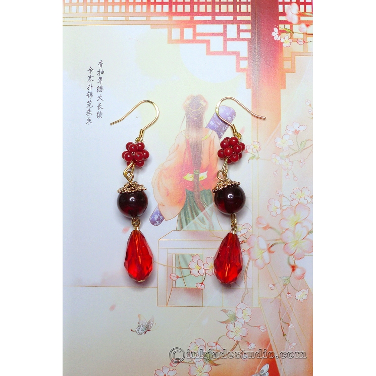 Handwoven Red Coral Balls and Amber Earrings