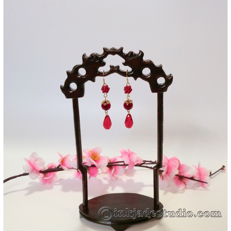 Handwoven Red Coral Balls and Amber Earrings