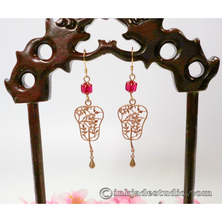 Gold Flower Filigree Chinese Fan Earrings