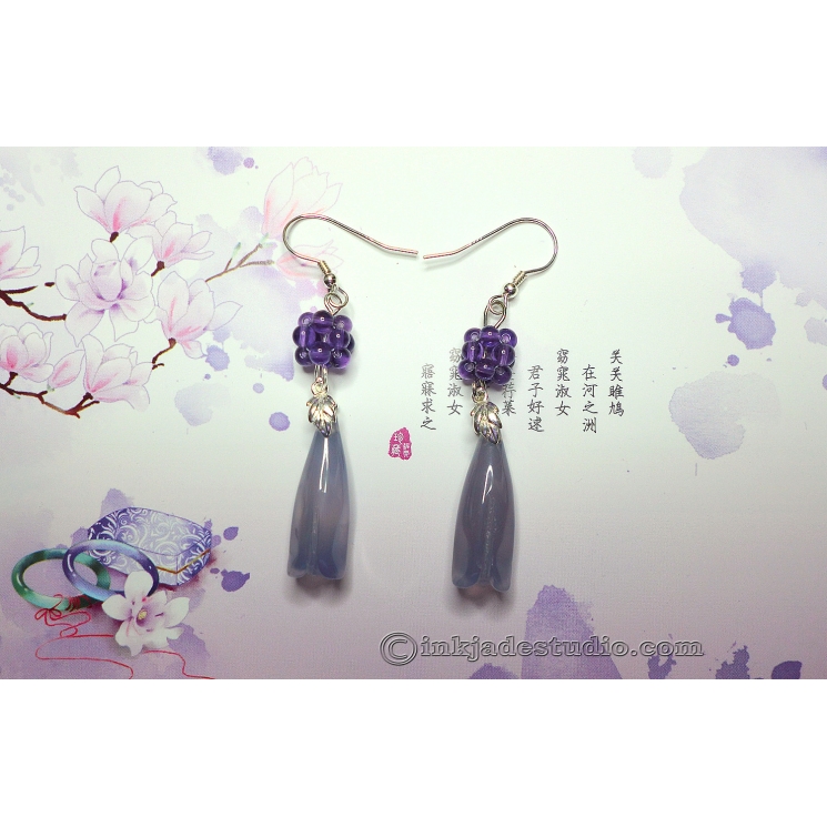 Blue Agate Chinese Magnolia Bud Earrings With Handwoven Amethyst Balls