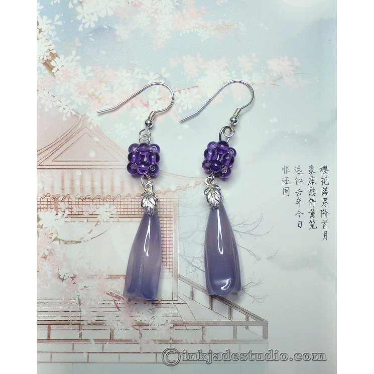 Blue Agate Chinese Magnolia Bud Earrings With Handwoven Amethyst Balls