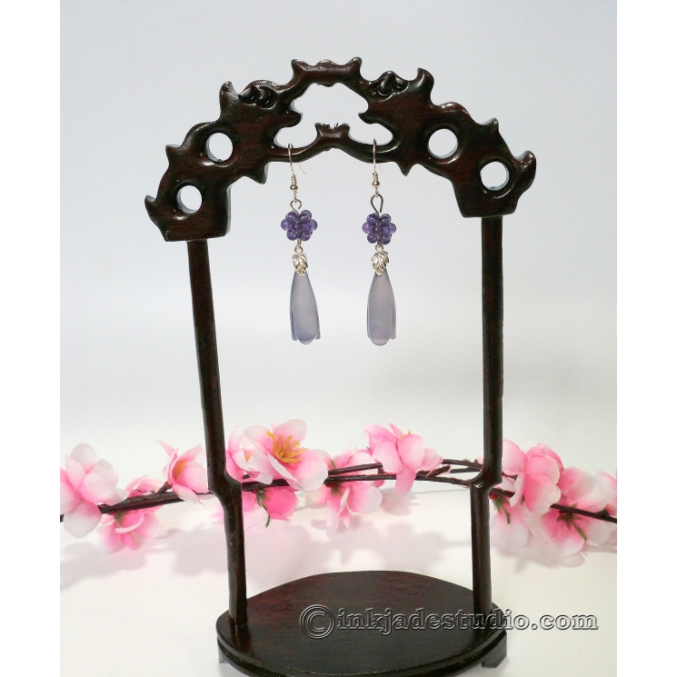 Blue Agate Chinese Magnolia Bud Earrings With Handwoven Amethyst Balls