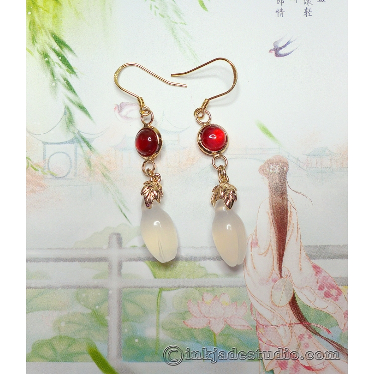 White Agate Chinese Magnolia Bud Earrings with Red Agate