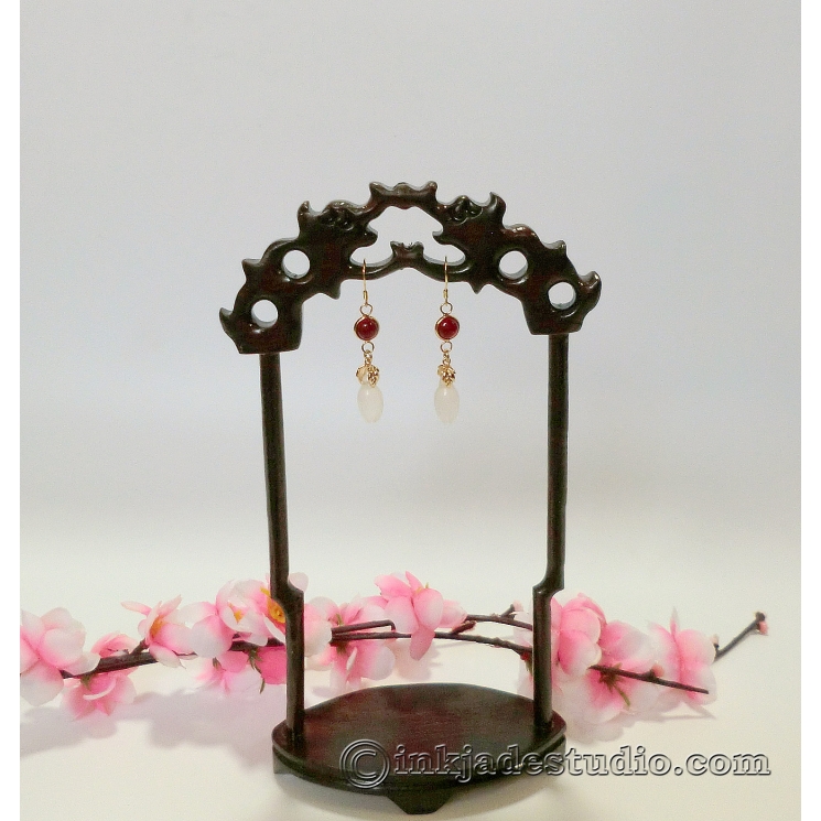 White Agate Chinese Magnolia Bud Earrings with Red Agate
