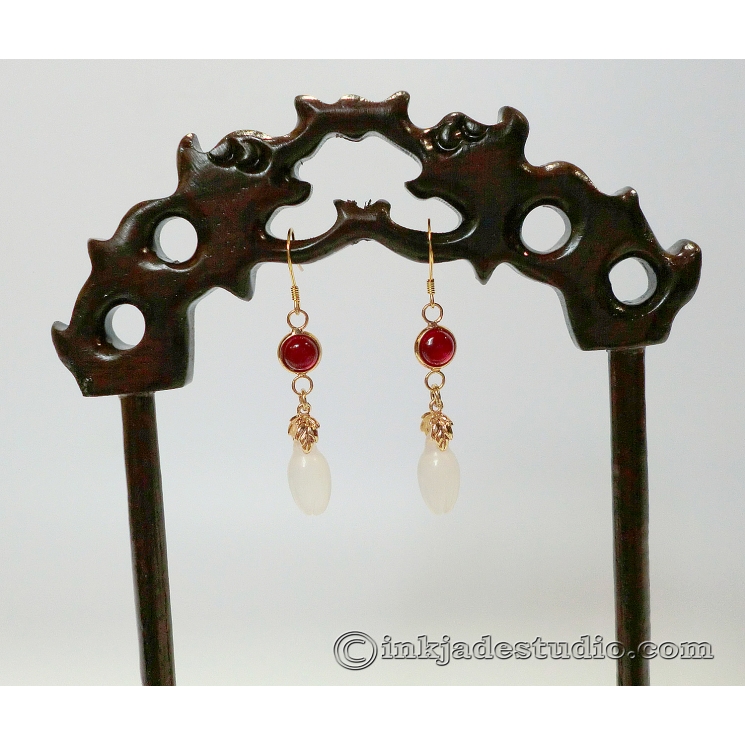 White Agate Chinese Magnolia Bud Earrings with Red Agate