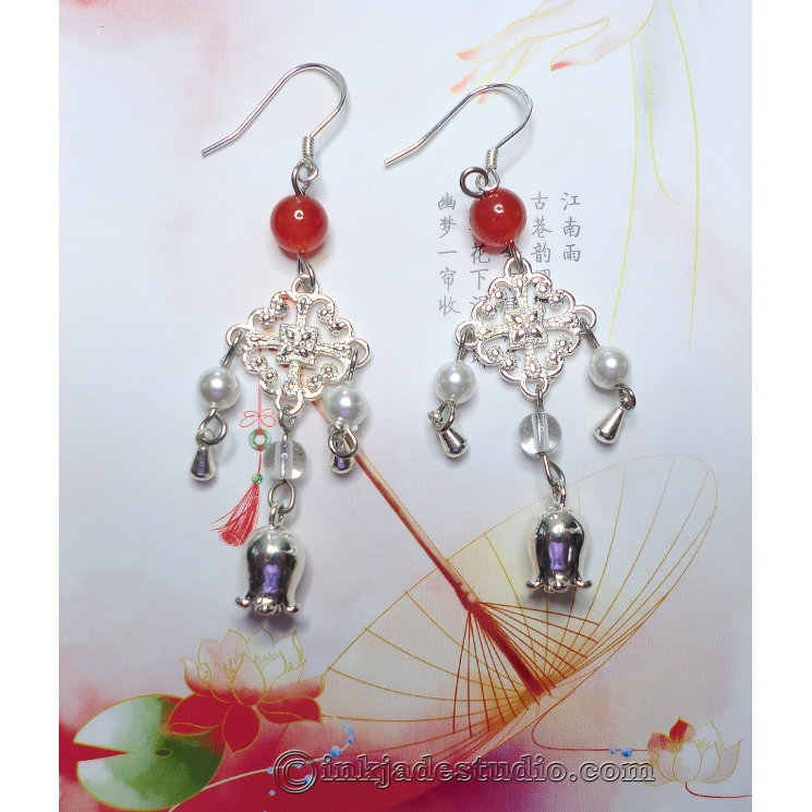 Red Agate and Pearl Chinese Silver Chandelier Earrings