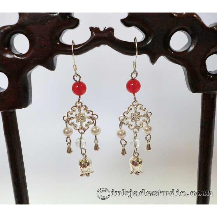 Red Agate and Pearl Chinese Silver Chandelier Earrings