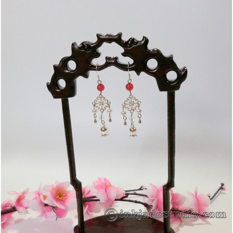 Red Agate and Pearl Chinese Silver Chandelier Earrings