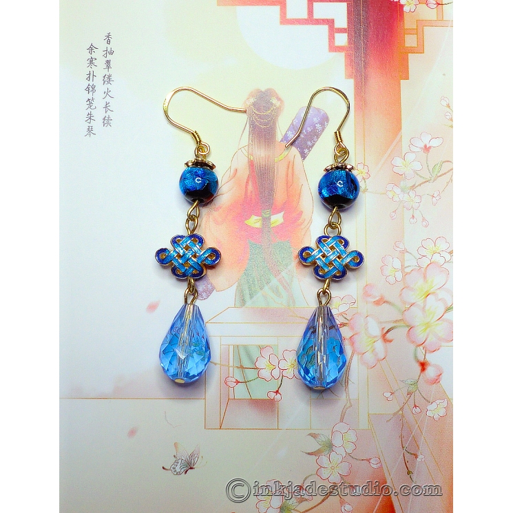 Handmade Silver Foil Glass Bead Earrings with Gold-Plated Cloisonne Chinese Endl