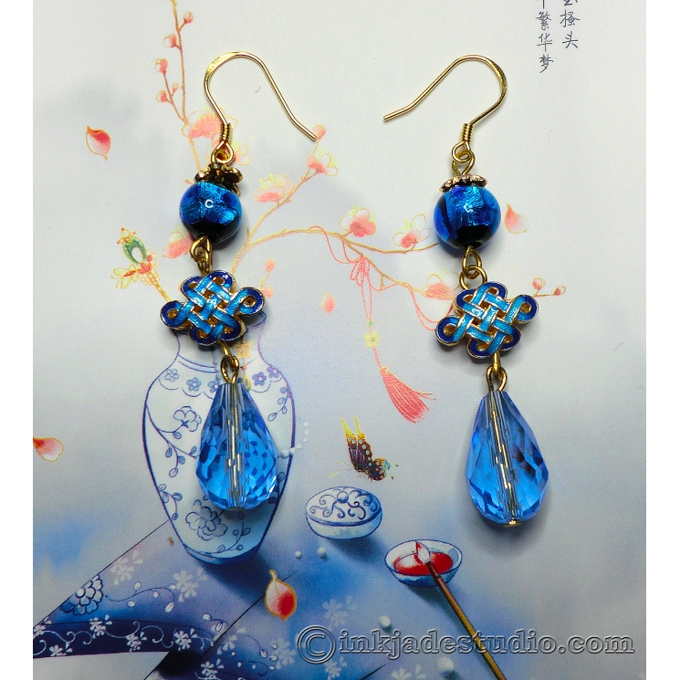 Handmade Silver Foil Glass Bead Earrings with Gold-Plated Cloisonne Chinese Endl