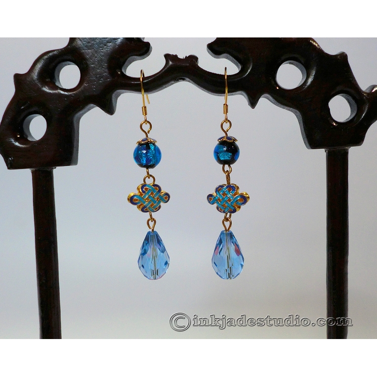 Handmade Silver Foil Glass Bead Earrings with Gold-Plated Cloisonne Chinese Endl