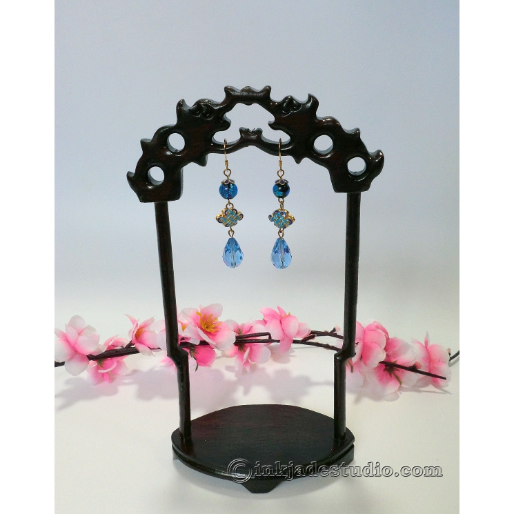 Handmade Silver Foil Glass Bead Earrings with Gold-Plated Cloisonne Chinese Endl