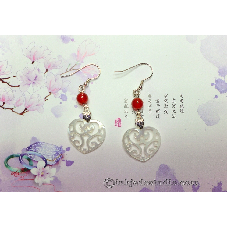 Carved Shell Filigree Hearts Earrings with Red Agate