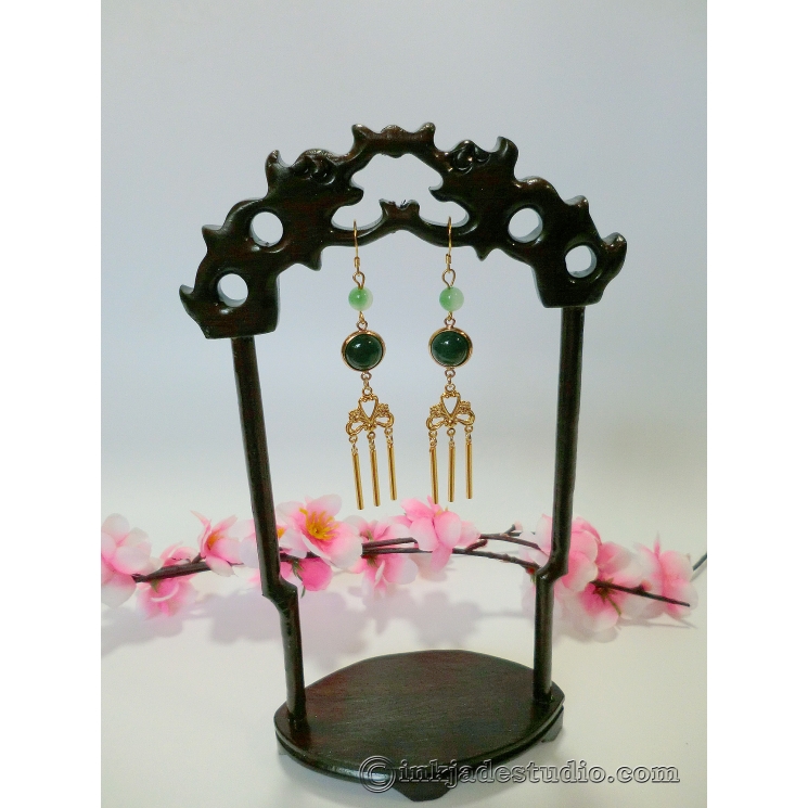Green Jade and Agate Golden Chinese Chandelier Earrings