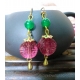 Rose Red Chinese Character "禄" Good Fortune Glass Bead Earrings with Green Agate