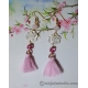 Carved Chinese Lucky Flower Knot Shell Earrings with Pink Tassels