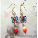 Chinese Cloisonne Butterfly Earrings with Pearls and Gradient Red Glass Drops